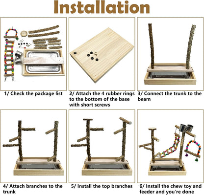 Tfwadmx Bird Playground Natural Wood Bird Play Stands Parrot Perch Stand with Removable Tray Climb Ladders Swing Chewing Toys for Lovebirds Cockatiels Budgies