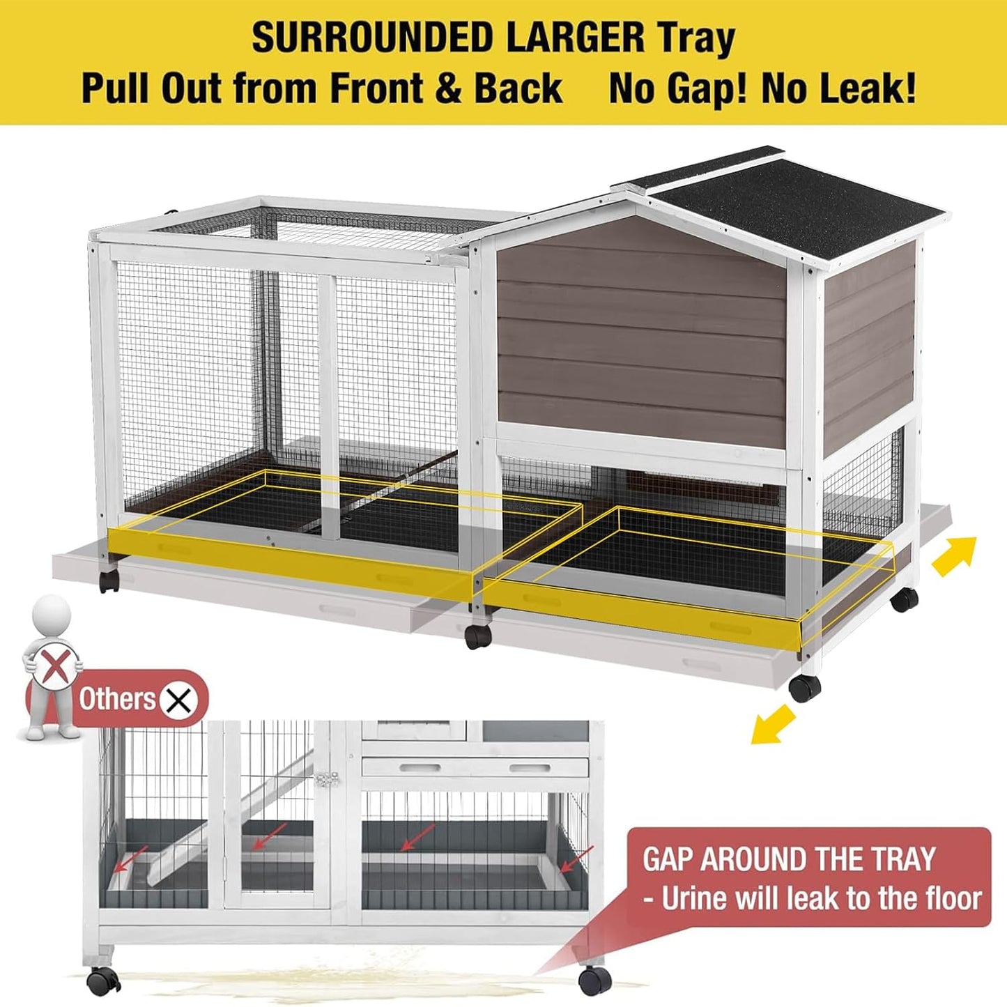 Aivituvin Rabbit Hutch 62" Rabbit Cage Indoor Outdoor Chicken Coop Guinea Pig Cage on Wheels Bunny Cage with 3 Deep No Leakage Pull Out Tray,Waterproof Roof (Brown)