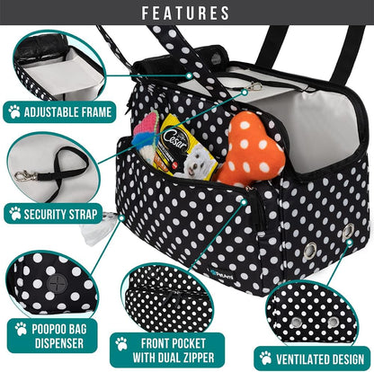 PetAmi Small Dog Purse Carrier, Soft-Sided Pet Carrier Bag with Pockets, Portable Puppy Cat Travel Handbag Tote, Airline Approved Breathable Mesh, Poop Bag Dispenser, Max 18 lbs, Polka Dot Black