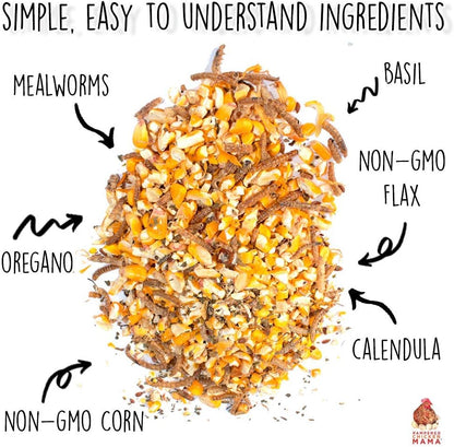 Pampered Chicken Mama Non-GMO Mealworm, Corn, Flax, & Herb Treat (10 Pounds) for Backyard Chickens, Healthy Layer Feed & Supplies for Pet Chickens Poultry Queen Treat for Hens