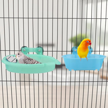 Wontee Bird Bath Box with Mirror Portable Parrot Hanging Bathroom Bathing Tub for Small Birds Cleaning Supplies (Blue(B)+Green)