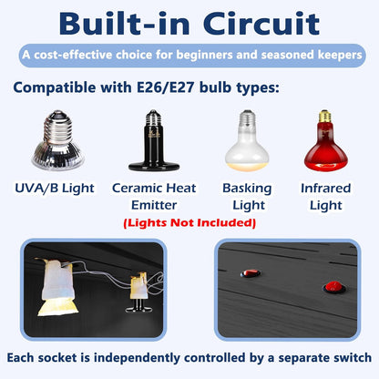 Prolee Reptile Terrarium, Lizard Tank Up to 68 Gallons, Bearded Dragon Tank with Roof Door, Snake Tank with Built-in Lamp Fixture and Switch, with Leg Stand (Black, 21 Gallons, 24" Length)