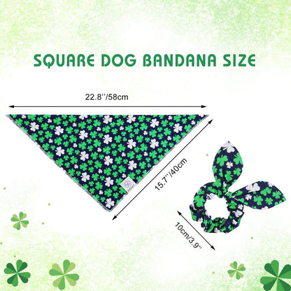 E-Clover Dog Bandana Boy & Matching Scrunchie Set Shamrock Lucky Dog Bandanas Scarf with Bow Hair Ties for Small Puppy Dogs Pet Owner Mom Green Blue