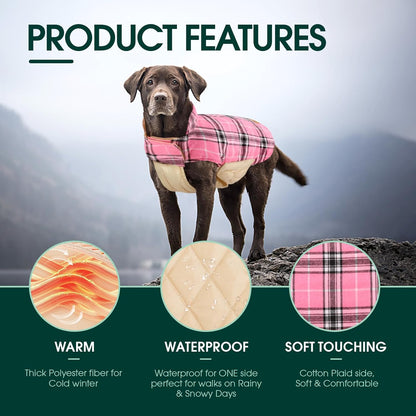 Kuoser Waterproof Dog Coat, Reversible Dog Jacket for Large Dogs, Adjustable Durable Doggie Winter Coat for Groowing Puppies Warm Puppy Cold Weather Apparel, Pink L