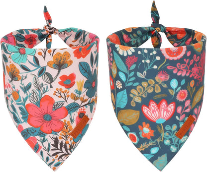 PTDECOR Flower Dog Bandana,2 Pcs Floral Reversible Dog Scarf, Multi Size, Triangle Pet Bandanas for Medium Large Dogs (Flower, Large)