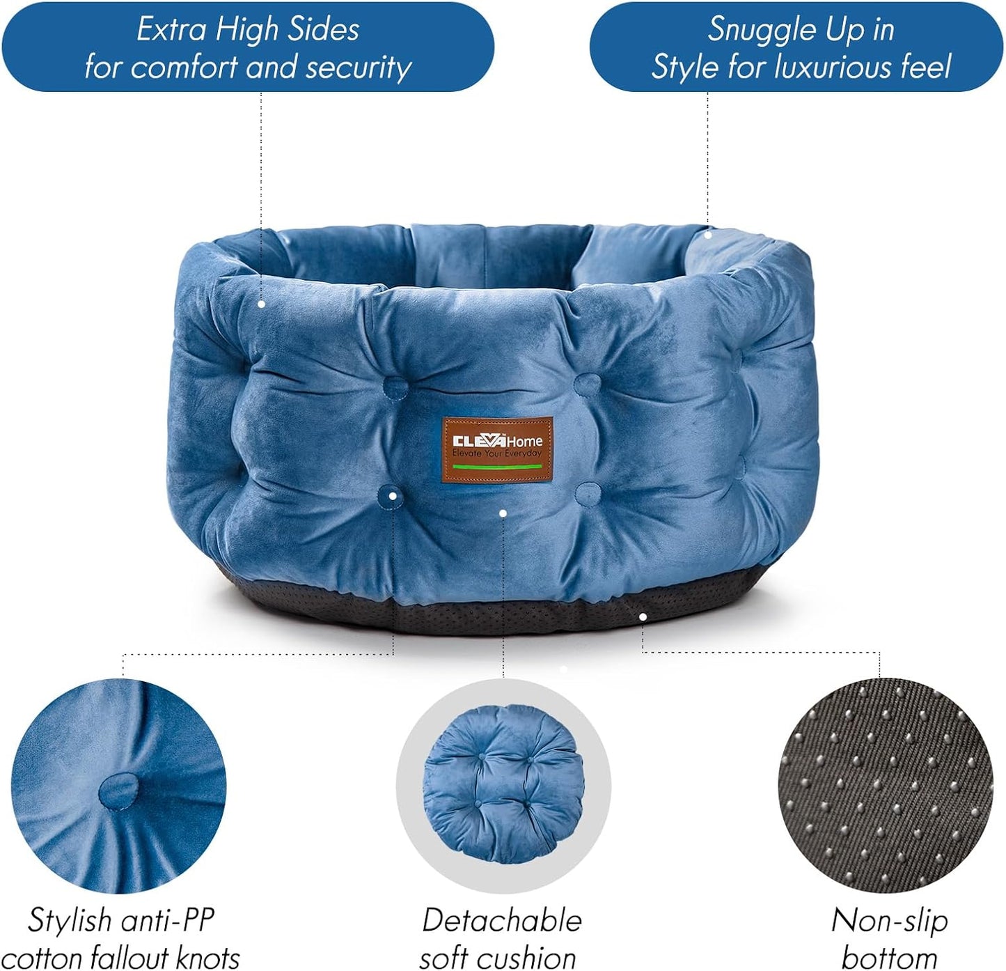 ClevaHome Deep Nest Cat Bed for Small Pets up to 15lbs - Round Cat Beds for Indoor Cats, Luxurious Velvet Feel, Extra High Sides, Machine Washable Comfort Pet Bed with Non-Slip Bottom (Steel Blue)