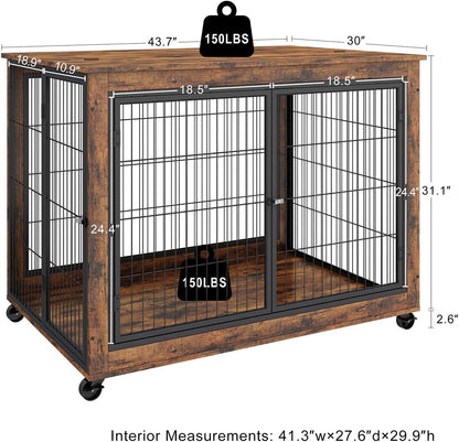 IchbinGo Dog Crate Furniture, Wooden Dog Crate Table, 43.7" Dog Kennel with 3 Doors, Flip-up Top Opening and Wheels, Decorative Pet Crate House for Large/Medium/Small Dog Indoor Use (Rustic Brown)
