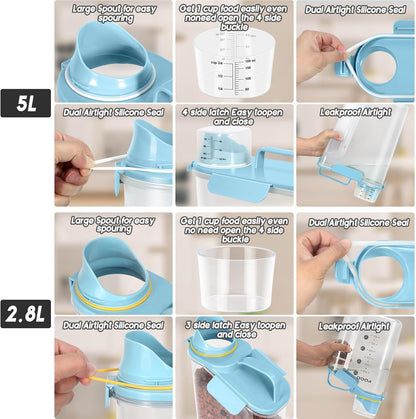 Dog Food Storage Container, Upgraded Large Nozzle BPA-free, 8-12 LBS Plastic Pet Food Storage Containers, With 4 Sealed Clasps, 1 Measuring Cup and Handle (2, Natural Blue (3L+5L), (3L+5L))