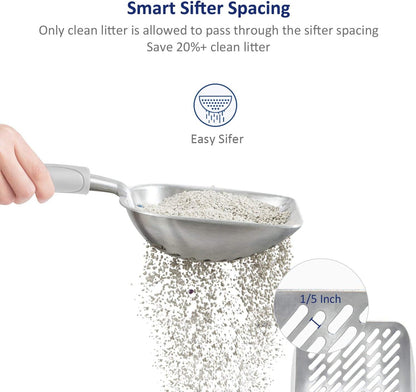 WePet Cat Litter Scoop, Aluminum Alloy Sifter, Kitty Metal Scooper, Deep Shovel with Diagonal Sifting Hole, Long Handle, Kitten Poop Lifter for Litter Box, Large Size, Grey Handle
