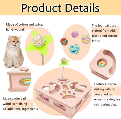 Interactive Wooden Cat Puzzle Toy Box Indoor Hunting Play Toy to Stimulate Your Cat’s Energy and Instincts (Pink)