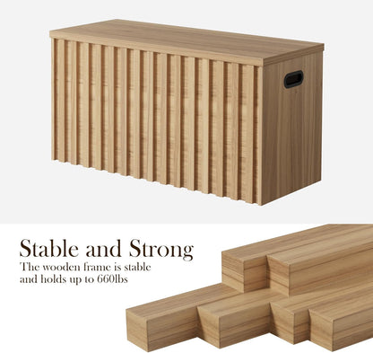 UEV Storage Bench,39.4" Wood Box, Storage Trunk with 2 Safety Hinges, Ottoman Storage Chest, Fluted Storage Bench for Bedroom, Entryway, Living Room(Natural Wood)