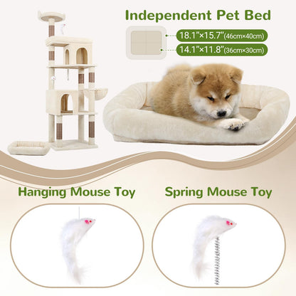 Globlazer Heavy Duty Cat Trees for Large Cats, Sturdy 72in Maine Coon Cat Tree for Large Cat 20 lbs+ Heavy Duty Cat Tower for Adult Biggest Cats with 6 Scratching Posts, Hammock, S72, Beige