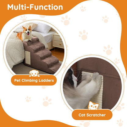 Pet Stairs, Dog Stairs for Small Dogs, Dogs Steps, 3-Step Curved Dog Ramp for Bed, Couch, Sofa, Car and Chair, Non-Slip Bottom Design, Cat Scratching Board, High Density Foam Portable Pet Step, Coffee