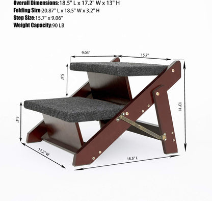 MEWANG Wooden Pet Stairs/Pet Steps - 2-in-1 Foldable Stairs & Ramp for Beds and Cars - Portable Dog/Cat Ladder Up to 110 Pounds
