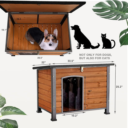 Wooden Dog House Outdoor with Iron Frame, Weatherproof Dog Kennel with Removable Floor, Anti Bite Puppy Shelter with Openable Roof (Brown, 33.5'' x 25.2'' x 22'')