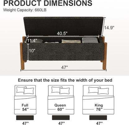 Storage Ottoman Bench, End of Bed Bench for Bedroom, 47" Boucle Upholstered Entryway Shoe Seat Benchs, Holds up to 660 lb Storage Ottoman, Padded Blanket Chest Stool Foot Rest for Living Room Grey