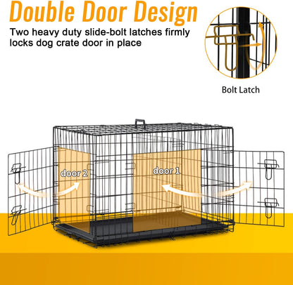 FDW Dog Crate for Medium Dogs 30 Inch Folding Metal WirePet Cage Double Door W/Divider Panel Indoor Outdoor Kennel Leak-Proof Plastic Tray,Black