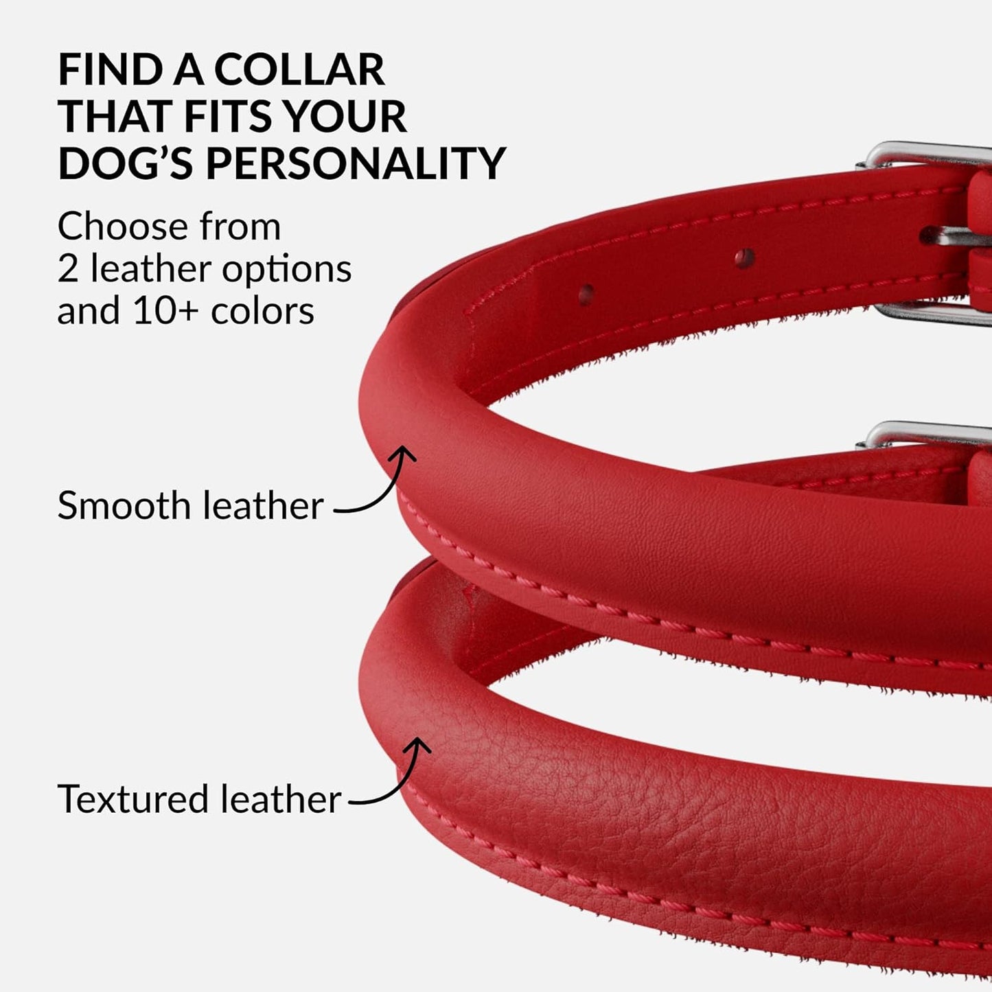 CollarDirect Rolled Leather Dog Collar, Soft Padded Round Puppy Collar, Handmade Genuine Leather Collar Dog Small Large Cat Collars 13 Colors (11-14 Inch, Red Smooth)