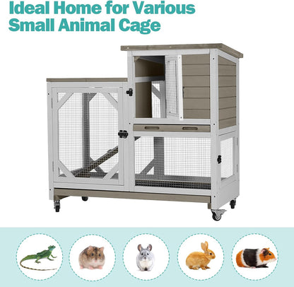 Rabbit Hutch Indoor for 2-4 Rabbits & Guinea Pigs，Bunny Cage with Slide-Out Plastic Trays，Wooden Small Animal Cage for Rabbits, Bunnies, and Guinea Pigs (Light Brown)