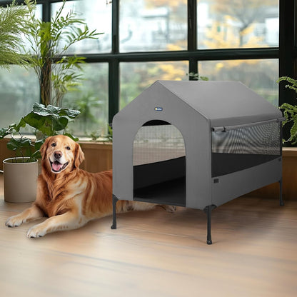 Veehoo 41" Dog House, 2-in-1 Large Dog House Outdoor Indoor Weatherproof, Outside Elevated Dog Cot Bed Dog Tent Shade, Three-Sided Breathable Mesh Windows and Sunshades, CWC2435CP