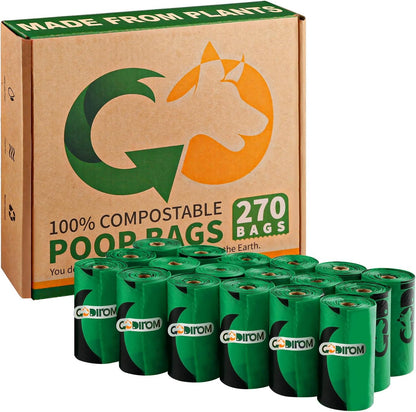 Certified 100% Compostable Poop Bags for Dogs, 270 Count Guaranteed Leak Proof and 18 Microns Extra Thick Dog Waste Bag, 18 Rolls of Plant Based Doggie Poop Bag, No Scented with ASTM D6400 & EN13432