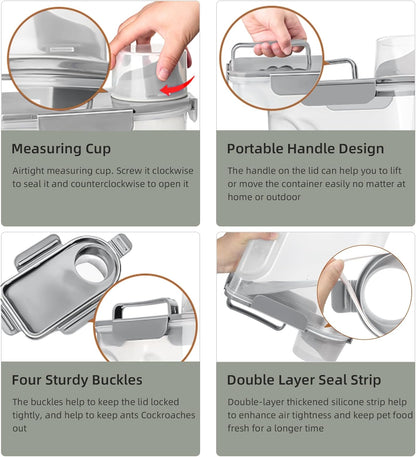 Dog Food Storage Container, Upgraded Large Nozzle BPA-free, 8-12 LBS Plastic Pet Food Storage Containers, With 4 Sealed Clasps, 1 Measuring Cup and Handle (1, Elegant Gray, 5L)