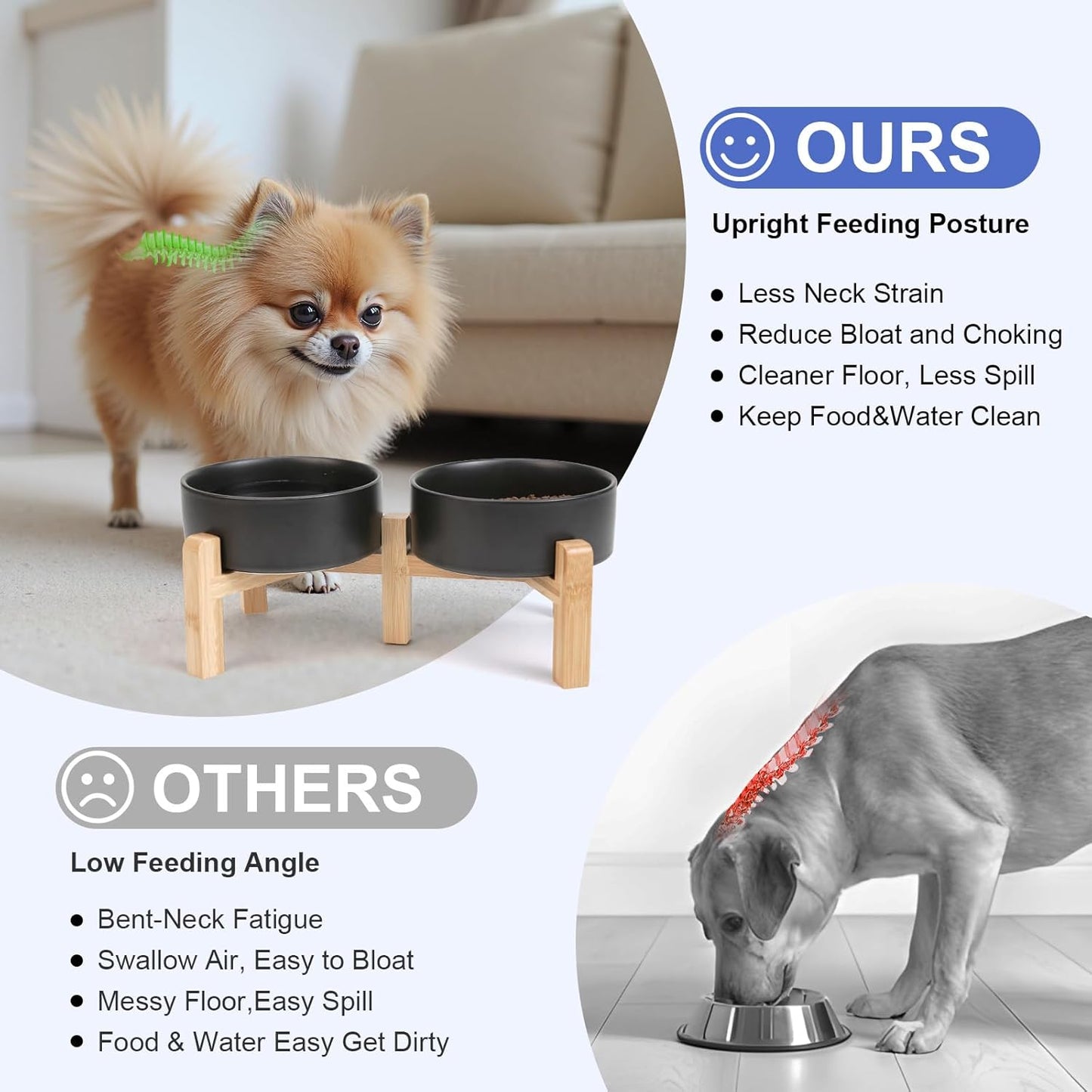 SPUNKYJUNKY Elevated Dog Bowls Ceramic, 5.1'' Dogs and Cat Food Water Bowls Raised with Non-Slip Bamboo Stand for Puppy Small Sized Breed Microwave Dishwasher Safe - 13.5 OZ,Black