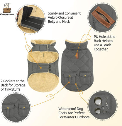 Queenmore Dog Winter Coat - Fleece Jacket, Waterproof Cold Weather Clothes, Thick Warm Cotton Padding, Easy On Storage Pockets (Grey, Large)