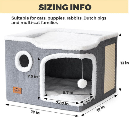 Cat Bed for Indoor Cats,Covered Cat Cave House & Furniture with Scratch Pad,Foldable Cat Hideaway Hut Cute Cat Condo with Soft Washable Mat for Multi Small Pet Under 30 lbs,Dark Grey