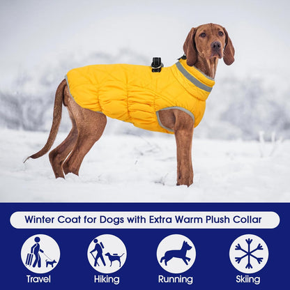 FUAMEY Dog Coat for Large Dogs,Waterproof Dog Winter Jacket with Harness Built in Puppy Cold Weather Coats Reflective Pet Vest with Zipper Warm Fleece Dogs Snowsuit Windproof Yellow 2XL