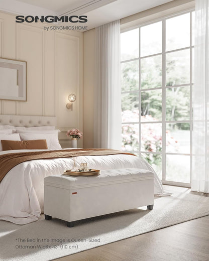 SONGMICS Velvet Storage Ottoman Bench, Foot Rest with Legs, 15.7 x 43 x 15.7 Inches, End of Bed Bench, Storage Chest, Load up to 660 lb, for Living Room, Bedroom, Entryway, Cream White ULSF089W01