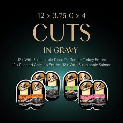 Sheba Perfect Portions Wet Cat Food Cuts in Gravy Variety Pack, Roasted Chicken, Tender Turkey, with Sustainable Salmon, and with Sustainable Tuna, 2.6 oz. Twin-Pack Trays (48 Count, 96 Servings)