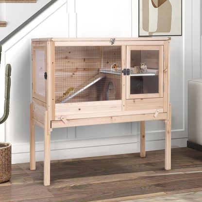 Guinea Pig Cages with Anti Chewing Edges and Cool Zinc Plate, Indoor Rabbit Hutch with Hideout and PVC Platform, Elevated Legs Hamster Cage 36.6" L (Nature)