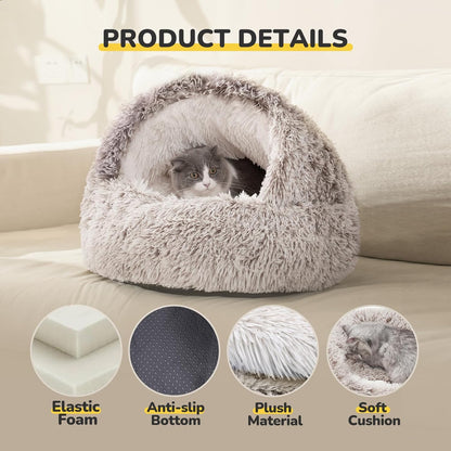 CATISM Plush Hooded Cat Bed, Calming Nest, Self-Warming Cave, Cozy Pod for Indoor Cats or Small Dogs, Removable Washable Cove With Non-Slip Bottom