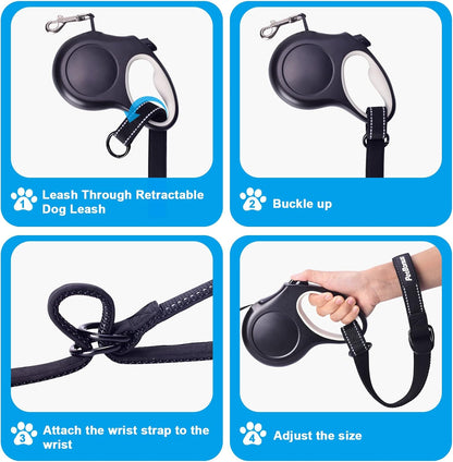 PetBonus Short Dog Leash, Safety Wrist Strap for Retractable Dog Leash, Reflective Design and Adjustable Soft Padded Handle, Extra Layer Security for Pet Stroller (Black)