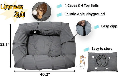 XxingSheep 4 Ways Shuttled XL Cat Tunnel Bed for Indoor Cats Peekaboo Cat Cave Donut with Cool Mat (Dark Gray)