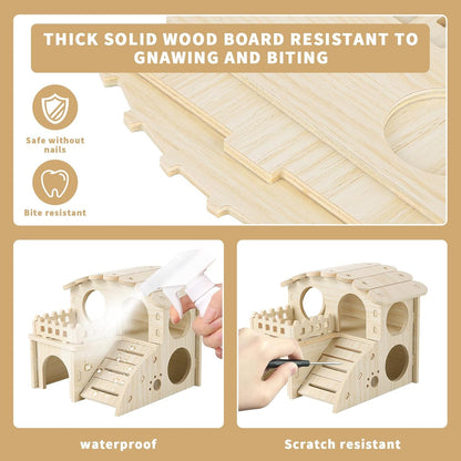 Wooden Hamster Toys 5-Piece Set - Natural Wood Hamster House, Swing, Climbing Ladder, Seesaw & Exercise Wheel - Small Animal Habitat Accessories for Dwarf Hamsters, Gerbils, Mice