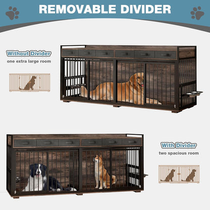86.6Inch Large Double Dog Crate Furniture,Heavy Duty Metal Frame Dog Crate Kennel with Adjustable Feeder Bowls and Removable Divider&Drawers,Chew-Resistant Dog Kennel for 2 Dogs Indoor