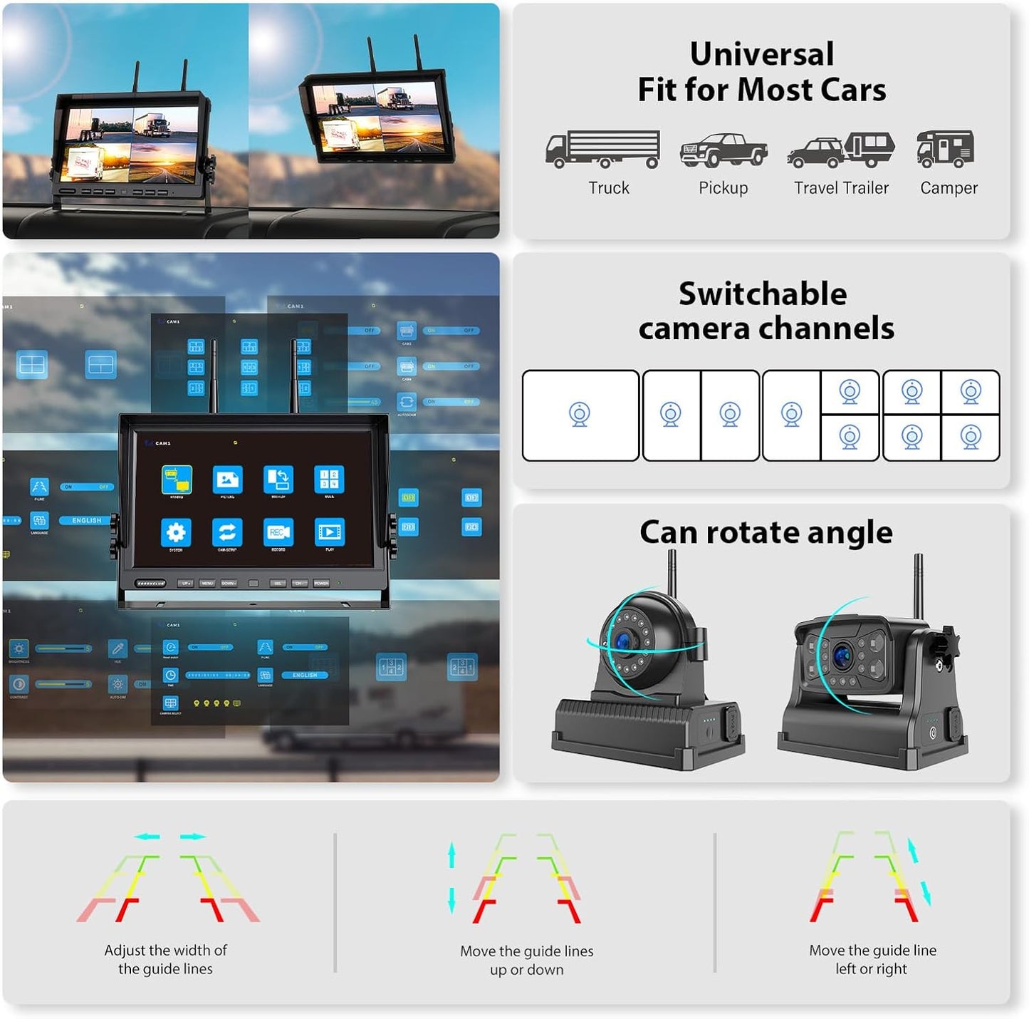 Magnetic RV Wireless Backup Camera, HD 1080P 10" Loop Recording Monitor, 2-Rear View 2-Side View Cameras Wireless System for RV Trailer Trucks, Built-in 9600mAh Battery, Night Vision- ZEROXCLUB BC104
