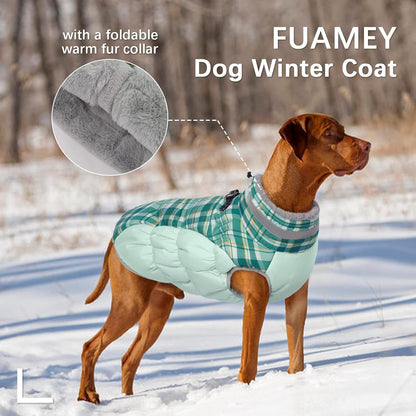 FUAMEY Dog Coat for Large Dogs,Waterproof Dog Winter Jacket with Harness Built in Puppy Cold Weather Coats Reflective Pet Vest with Zipper Warm Fleece Dogs Snowsuit Windproof Green Plaid L