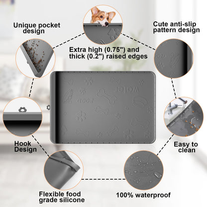 Dog Food Mat - Silicone Dog Mat for Water - 19" x 12" Pet Feeding Mats with Residue Collection Pocket - Waterproof Cat Bowl Mat with High Edges to Prevent Water Food Spills (Gray)