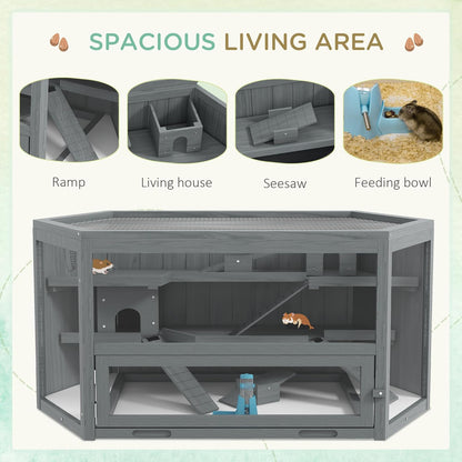 PawHut Wooden Large Hamster Cage Small Animal Exercise Play House 3 Tier with Tray, Seesaws, Water Bottle, Activity Center, Gray