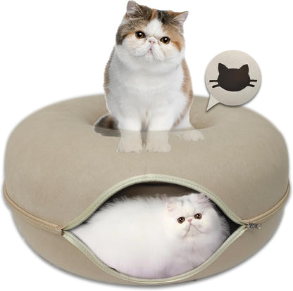 Donut Cat Tunnel Bed Peekaboo Cat Cave for Large Cats Up to 30 Lbs, Kitty Interactive Playing Tent House for Multiple Cats,Detachable,Scratch Resistant (Beige, Large - 24 Inch Diameter)