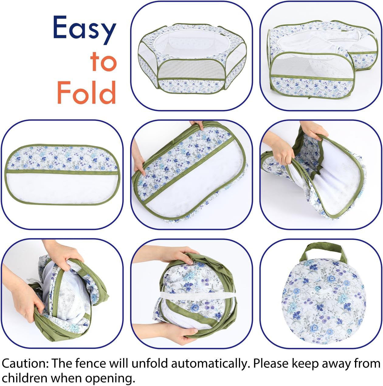 Pawaboo Small Animals Playpen, Waterproof Small Pet Cage Tent with Zippered Cover, Portable Outdoor Yard Fence with 3 Metal Rod for Chick/Kitten/Puppy/Guinea Pig/Rabbits/Hamster, Blue + White Flower