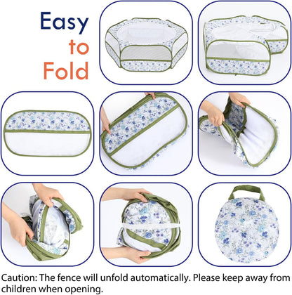 Pawaboo Small Animals Playpen, Waterproof Small Pet Cage Tent with Zippered Cover, Portable Outdoor Yard Fence with 3 Metal Rod for Chick/Kitten/Puppy/Guinea Pig/Rabbits/Hamster, Blue + White Flower