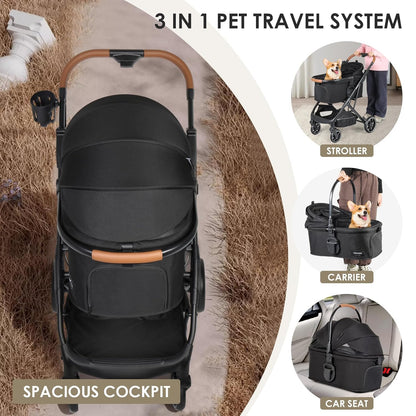 T6 Luxury Pet Stroller for Medium Dogs Up to 66lbs or 2 Small Pets – 3-in-1 Dog & Cat Stroller with Removable Carrier, Foldable & Lightweight (Black)