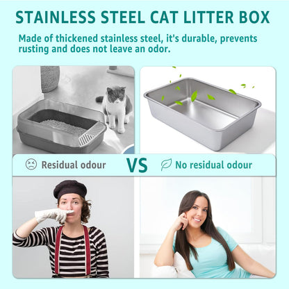 Stainless Steel Cat Litter Box-6" High Side Metal Litter Box,XLarge Stainless Steel LitterBox,Cat LitterBox for Big Cats or Rabbit，Puppy，Non Stick, No Smell, Easy to Clean