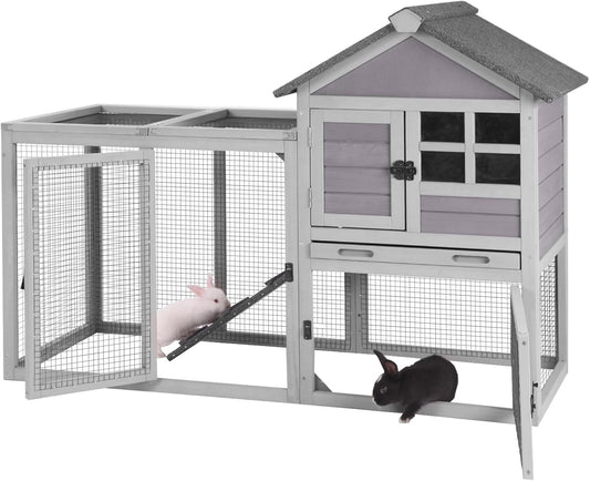 GUTINNEEN Rabbit Hutch Indoor Chicken Coop Outdoor, 51.6''L 2 Story Bunny Cage Weatherproof, Guinea Pig House with Run (Grey)
