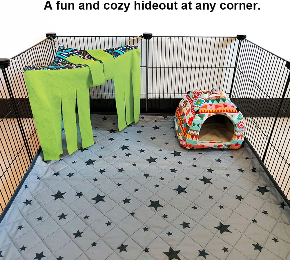 RIOUSSI Guinea Pig Hideout Hideaway Corner Fleece Toys Cage Accessories with Reversible Sides, Geo/Gray+Green, 2 Pack