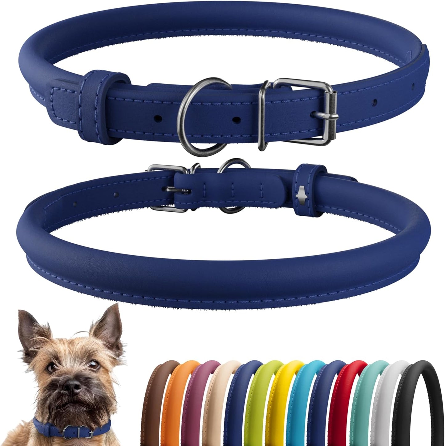 CollarDirect Rolled Leather Dog Collar, Soft Padded Round Puppy Collar, Handmade Genuine Leather Collar Dog Small Large Cat Collars 13 Colors (6-7 Inch, Deep Blue Smooth)